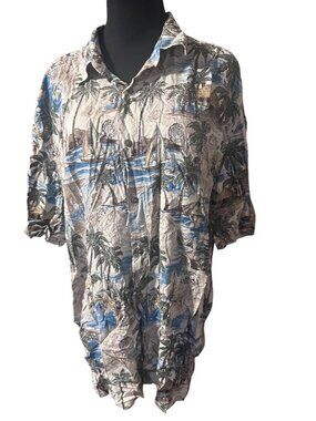 Island shores blue, tan and green button up island boat map shirt size XL